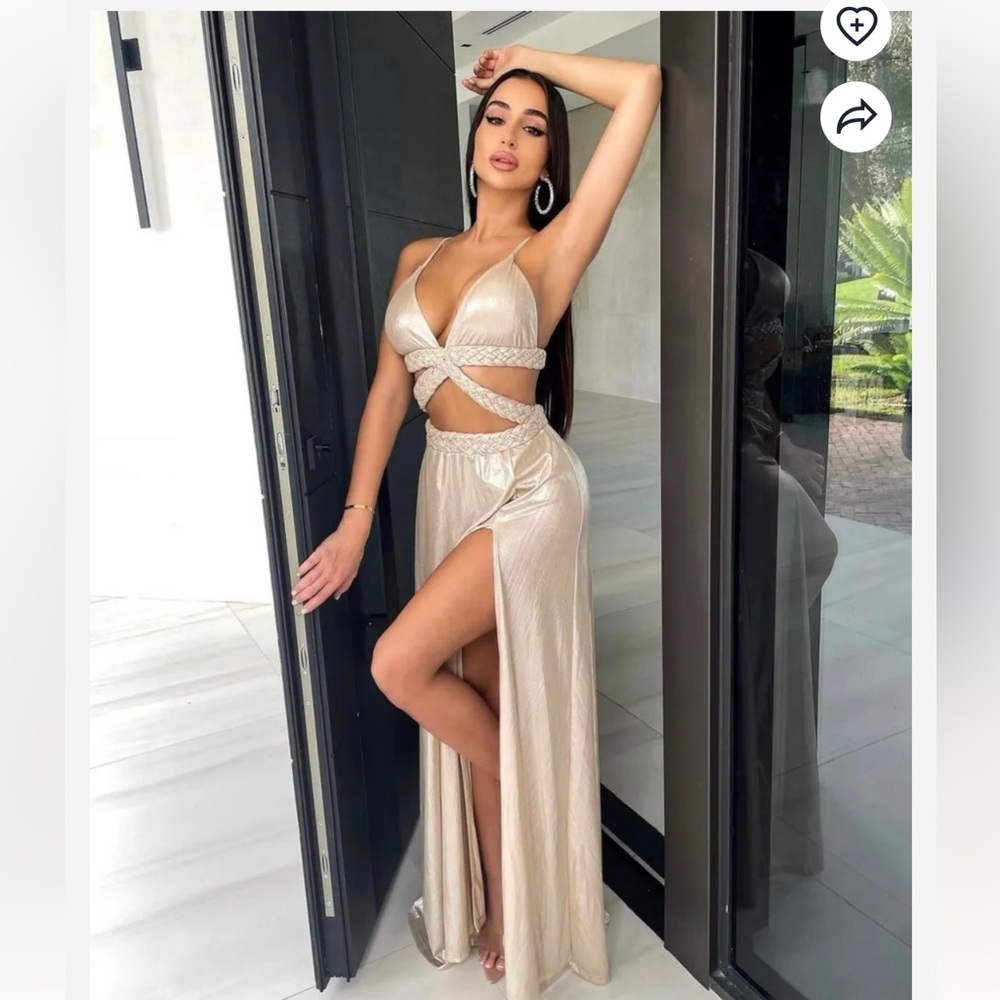 Champagne Shimmery Spaghetti Straps Braided Cut Out Slit Maxi Dress. New. Size M